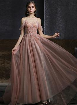 Picture of Pretty Pink V-neckline Straps Beaded Long Party Dresses, Pink Tulle Formal Dresses Formal Dresses